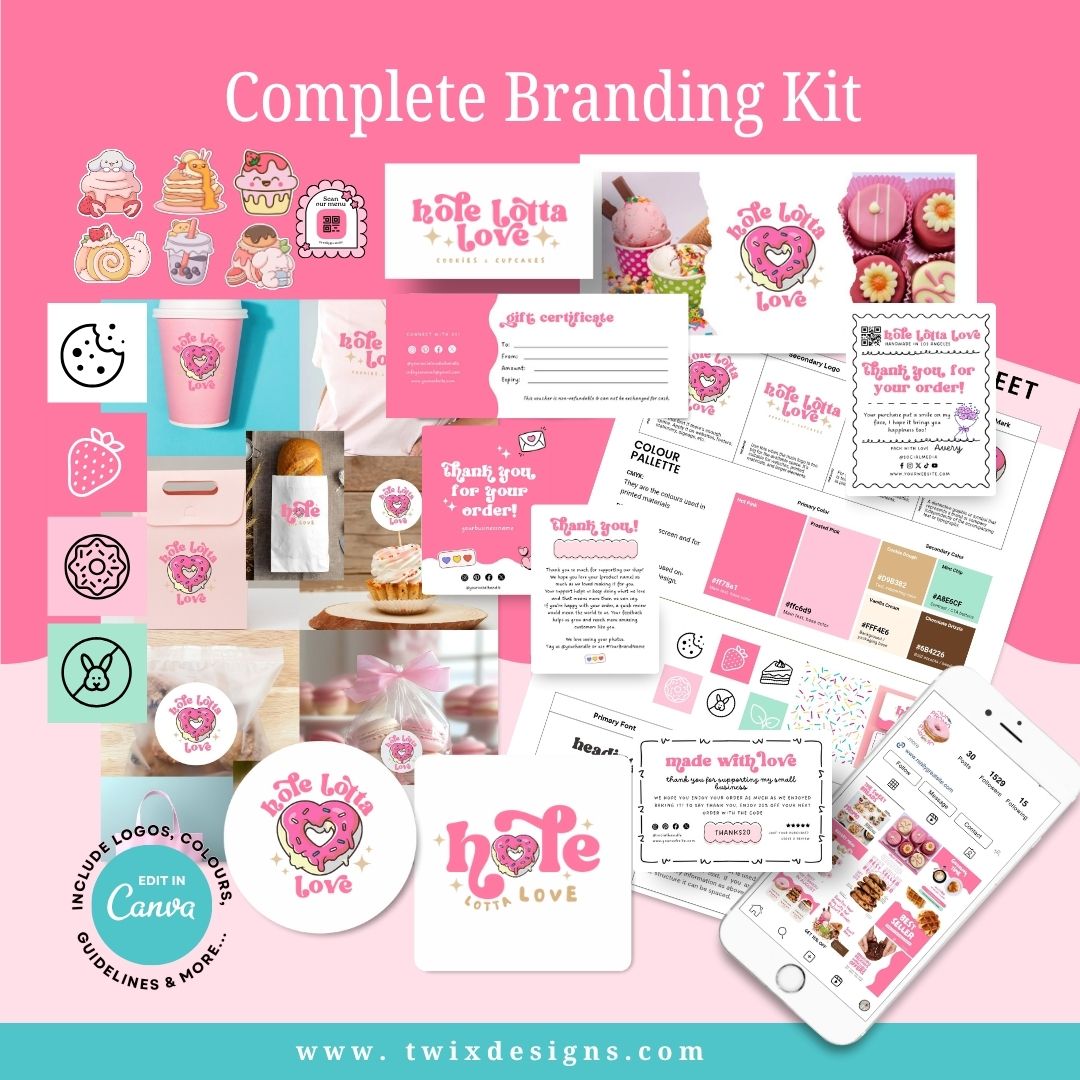 Branding Kit Cute Hole Lotta Love Editable Canva Templates Business Cards Marketing Posts Sweet Pink Theme