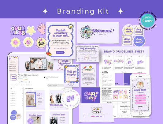 Branding Kit Cute Gumdrop Canva Templates Etsy Kit Purple Theme