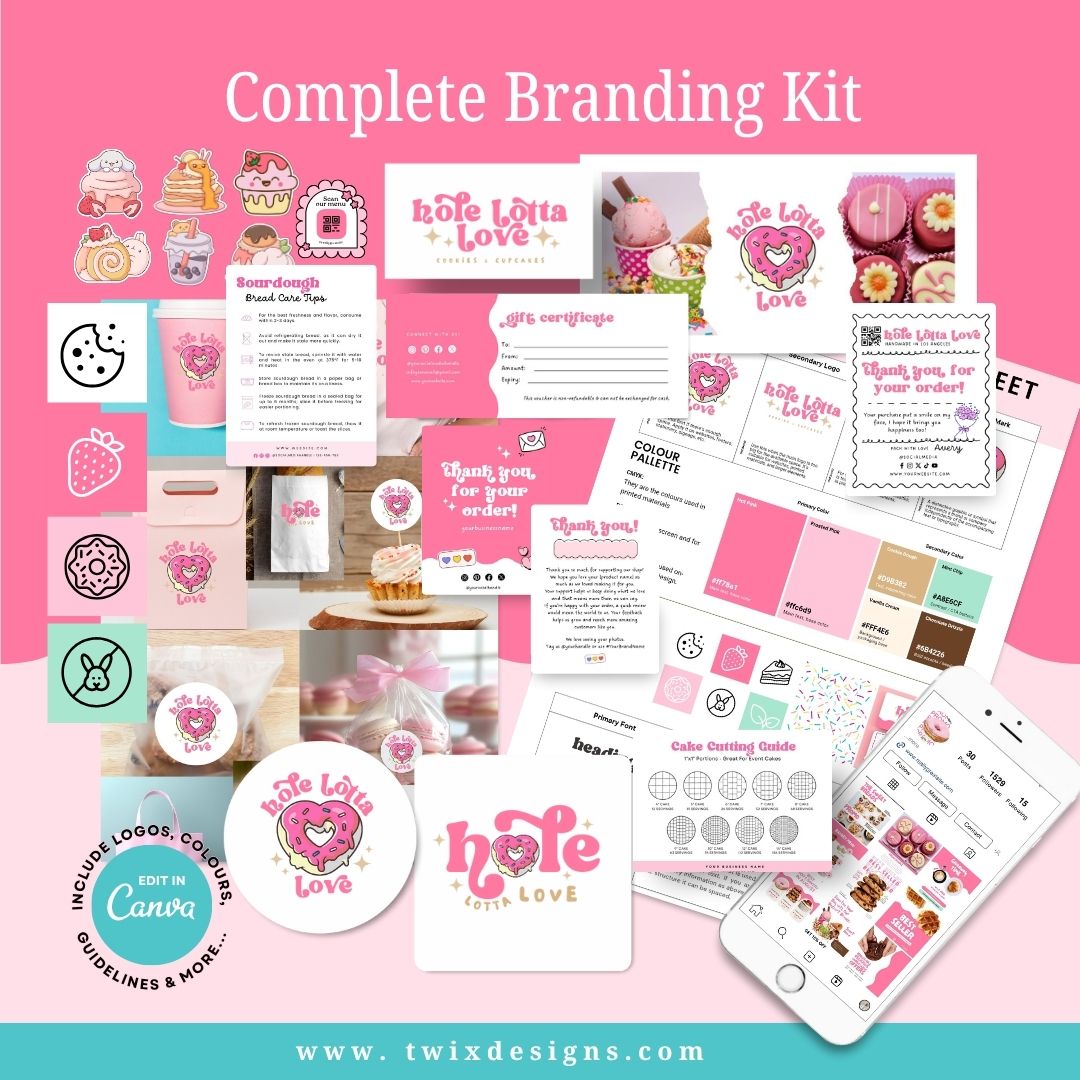 Branding Kit Pink Hole Lotta Love Editable Canva Templates Business Cards Marketing Posts Sweet Pink Bakery Theme
