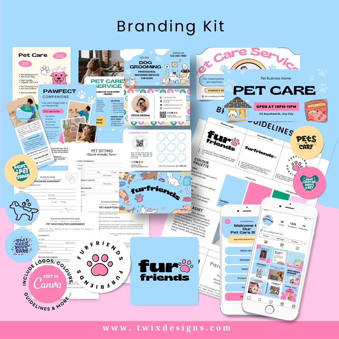 Branding Kit fur friends Pet Business Editable Canva Templates Business Cards Marketing Posts Light Blue Theme