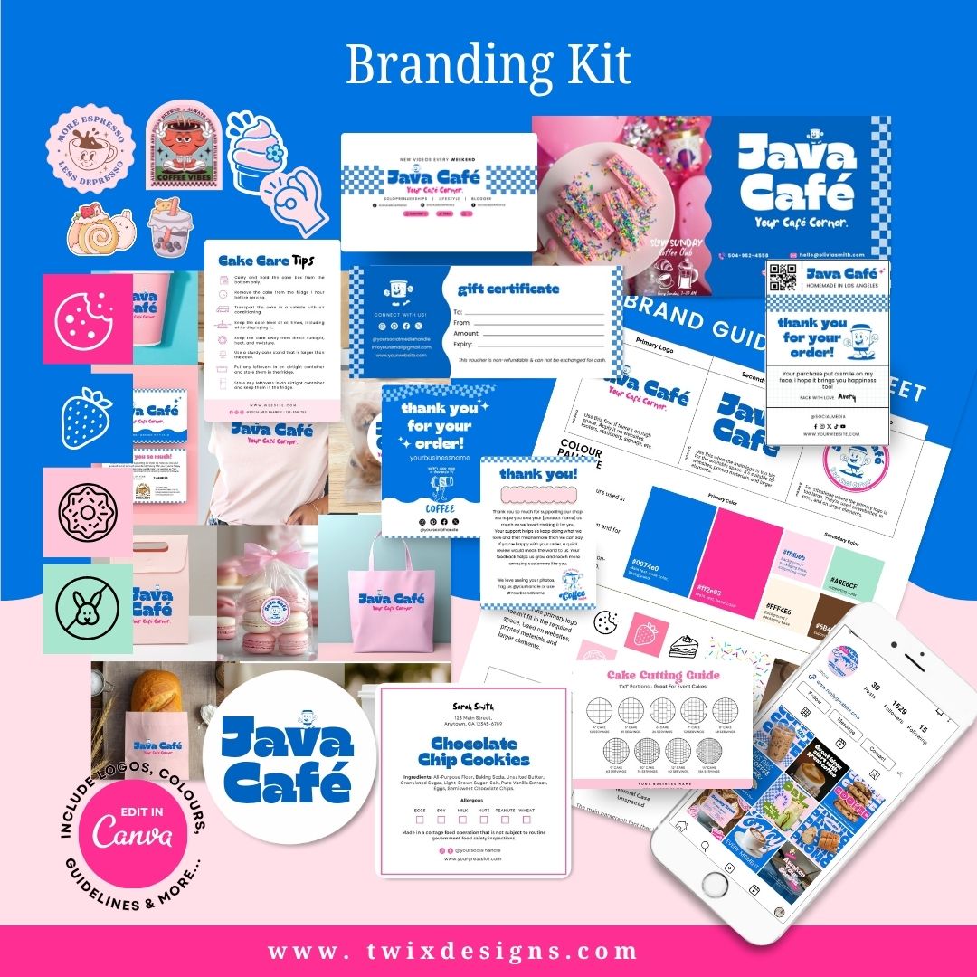 Branding Kit Java Cafe Editable Canva Templates Business Cards Marketing Posts Sweet Blue Pink Bakery Cafe Theme