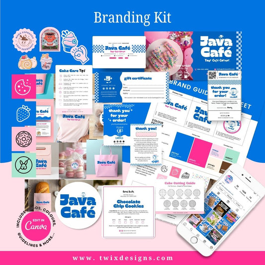 Branding Kit Java Cafe Editable Canva Templates Business Cards Marketing Posts Sweet Blue Pink Bakery Cafe Theme
