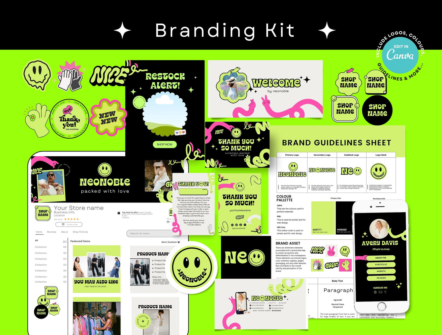 Branding Kit NeoNoble Canva Templates Product Fashion Coach Etsy Kit Black Green Theme