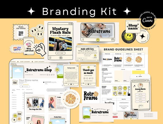 Branding Kit Retroframe Canva Templates Product Fashion Coach Etsy Kit Retro Drawn Beige Theme
