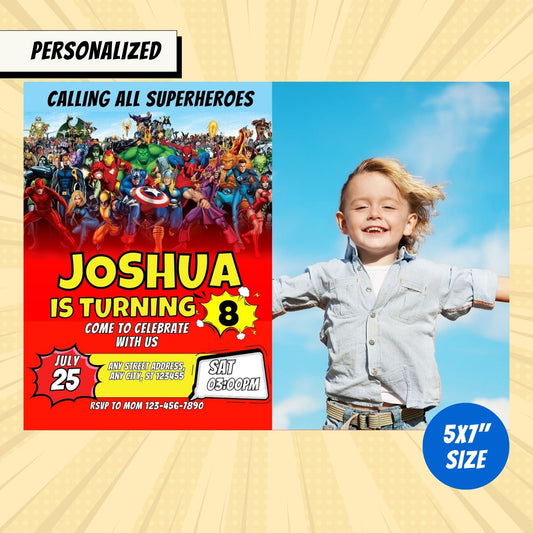 Superheroes Custom Birthday Invitation with Photo Blue-Red Theme