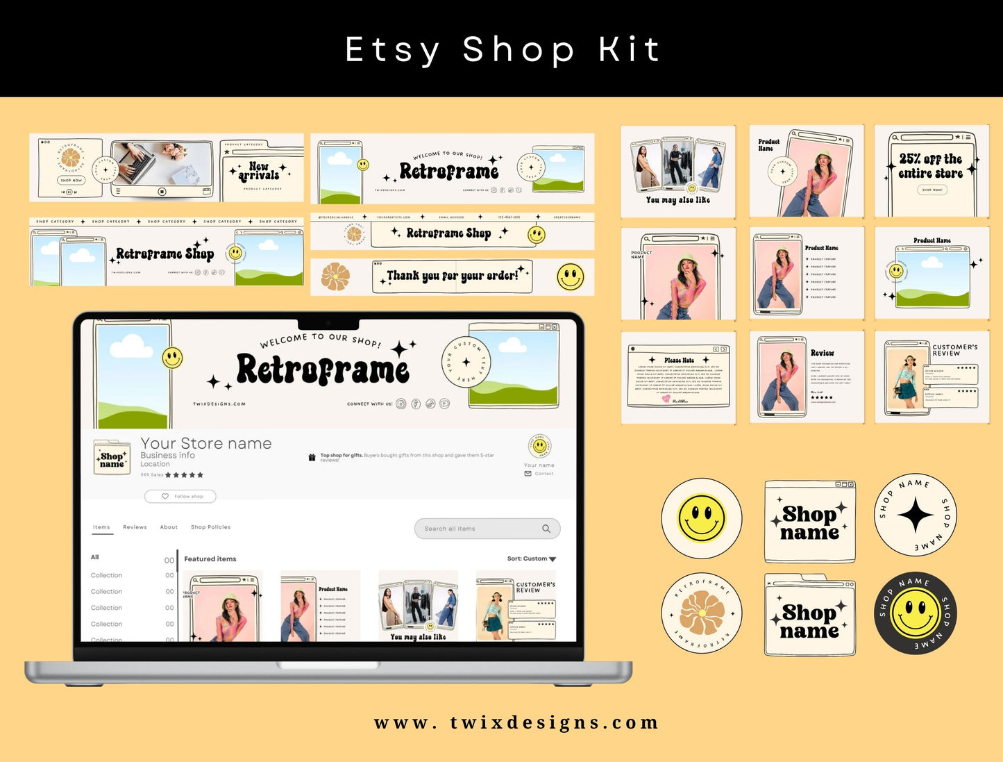 Branding Kit Retroframe Canva Templates Product Fashion Coach Etsy Kit Retro Drawn Beige Theme