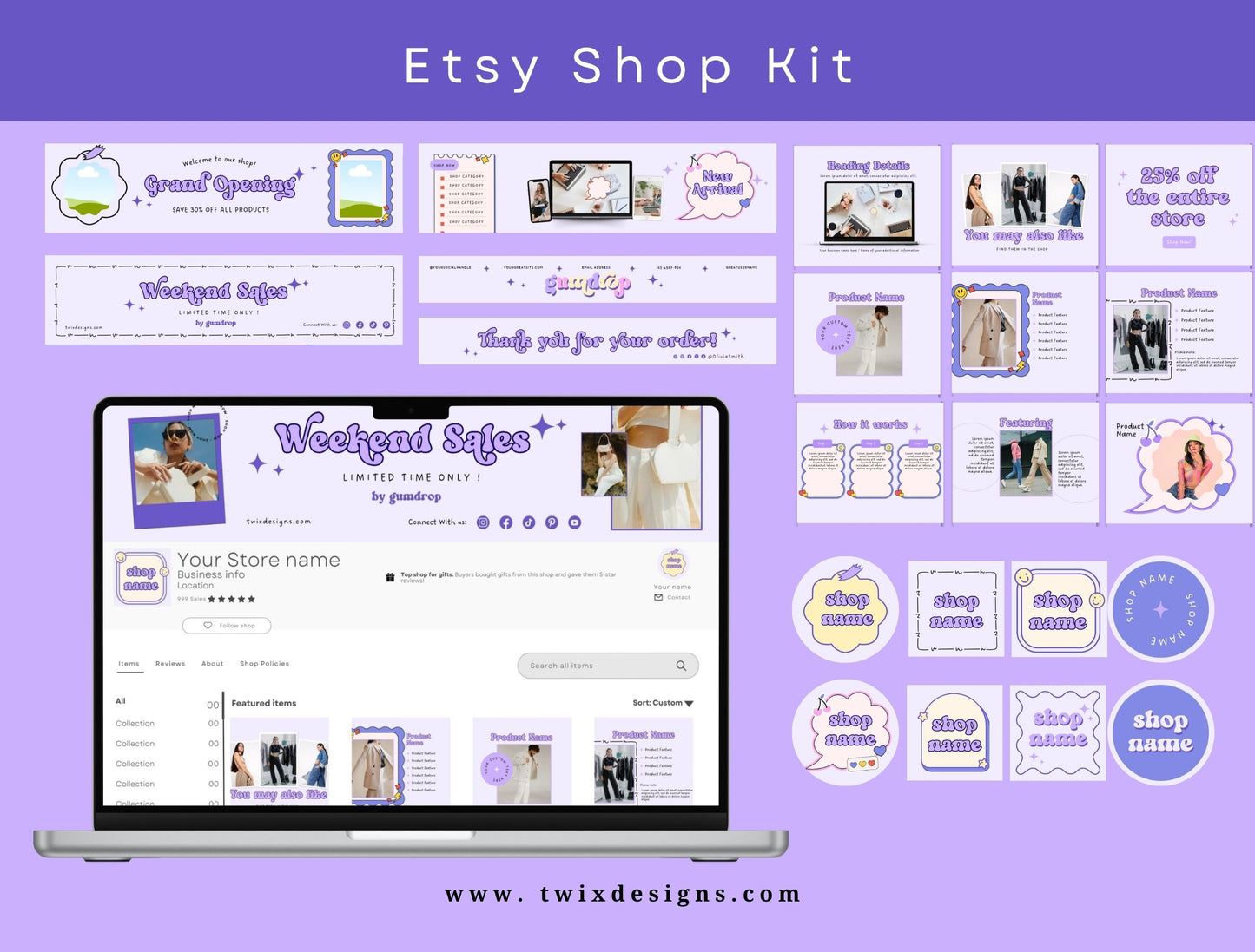 Branding Kit Cute Gumdrop Canva Templates Product Fashion Coach Etsy Kit Purple Theme