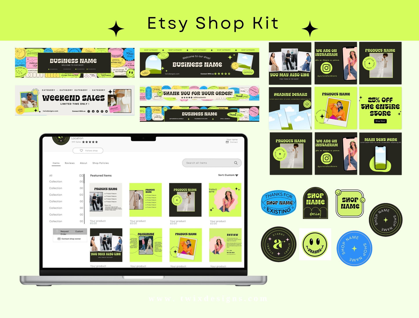Branding Kit Starry Canva Templates Product Fashion Coach Etsy Kit Black Green Theme