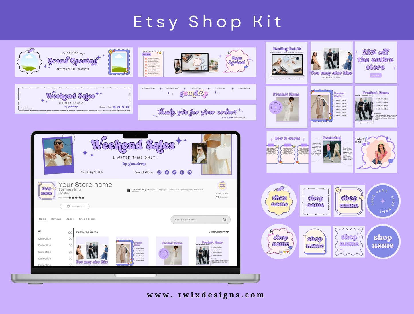 Branding Kit Cute Gumdrop Canva Templates Etsy Kit Purple Theme