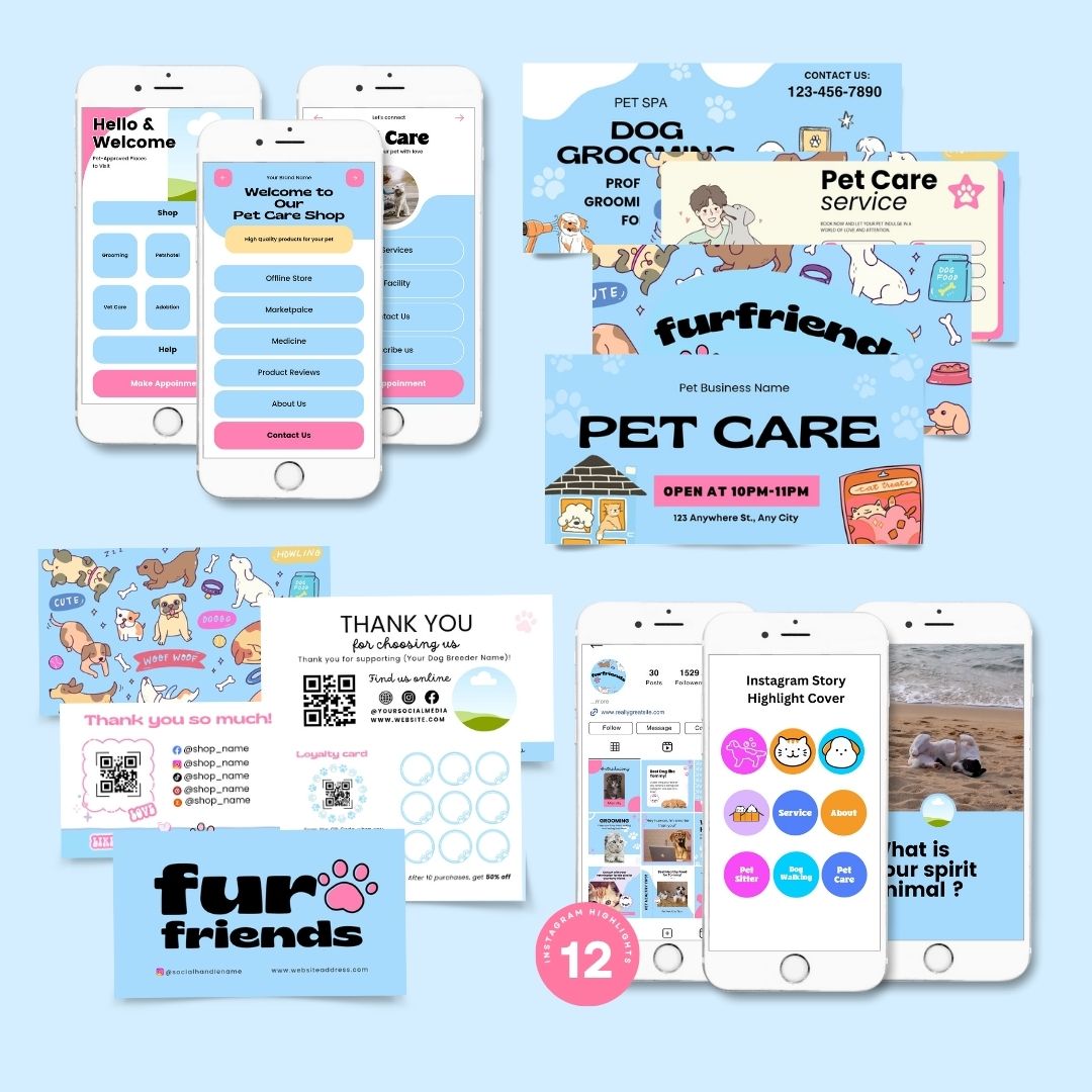 Branding Kit fur friends Pet Business Editable Canva Templates Business Cards Marketing Posts Light Blue Theme