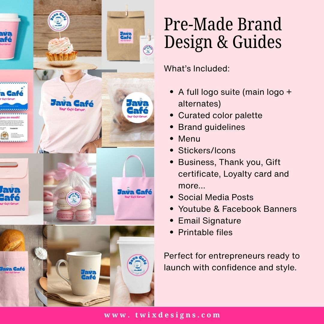 Branding Kit Java Cafe Editable Canva Templates Business Cards Marketing Posts Sweet Blue Pink Bakery Cafe Theme