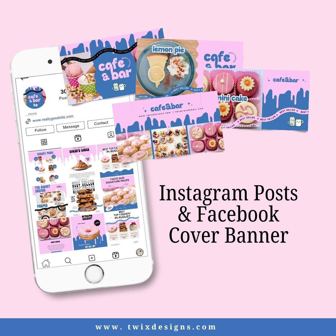 Branding Kit Cafebar Editable Canva Templates Business Cards Marketing Posts Blue Pink Theme