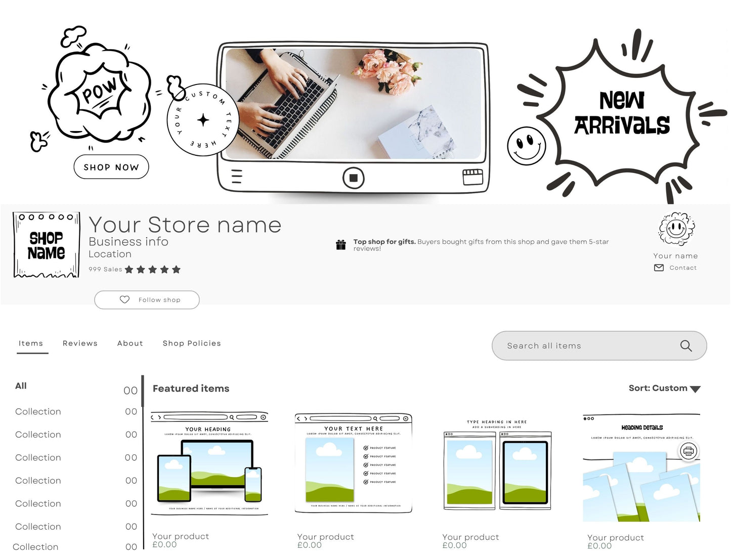 Etsy Shop Kit Comiko, Editable Canva Templates, Product Listing Photos Mockup, Etsy Seller Store Branding