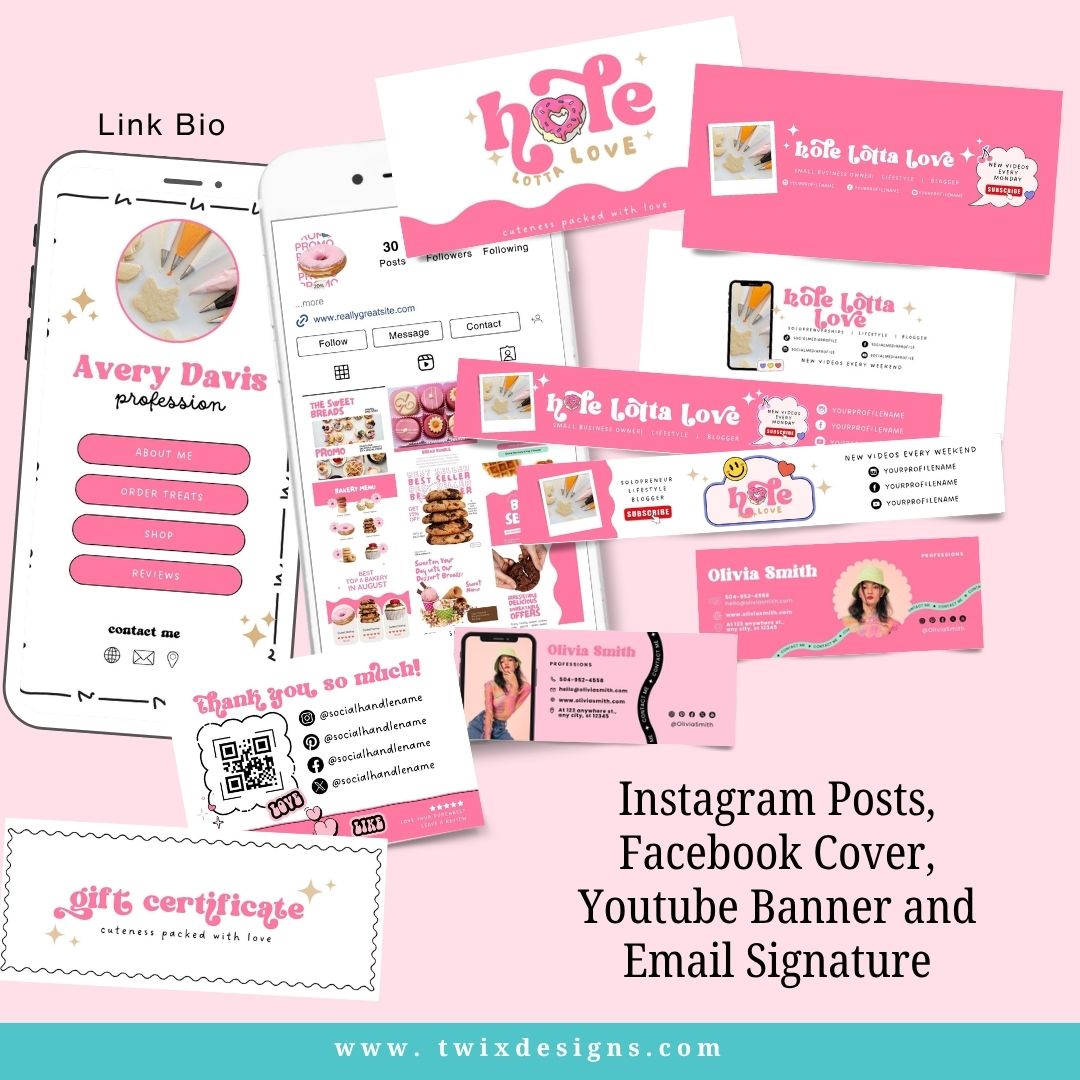 Branding Kit Pink Hole Lotta Love Editable Canva Templates Business Cards Marketing Posts Sweet Pink Bakery Theme