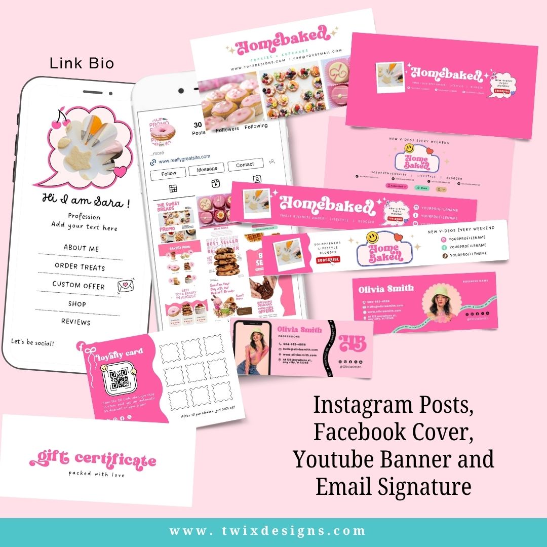 Branding Kit Pink Homemade Editable Canva Templates Business Cards Marketing Posts Sweet Pink Bakery Theme