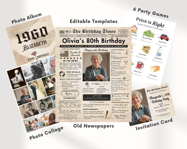 75th Birthday Vintage Brown Newspaper, EDITABLE Birthday Posters, Printable Newspaper Birthday Gifts, Canva