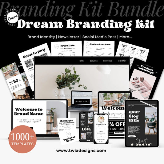 Editable Dream Branding Kit, DIY Canva Modern Black Grey theme, Thank You Business Cards, Social Media Post, Websites, 1000+ templates