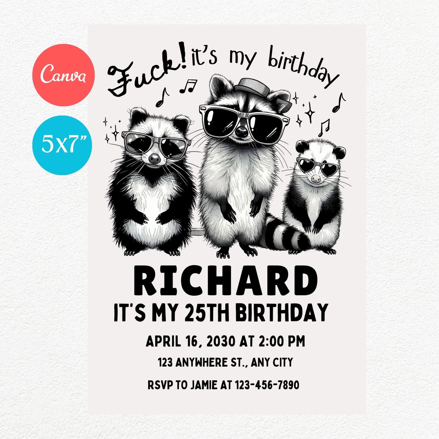 Opossum and Racoon Gang Funny Birthday Party Invitation
