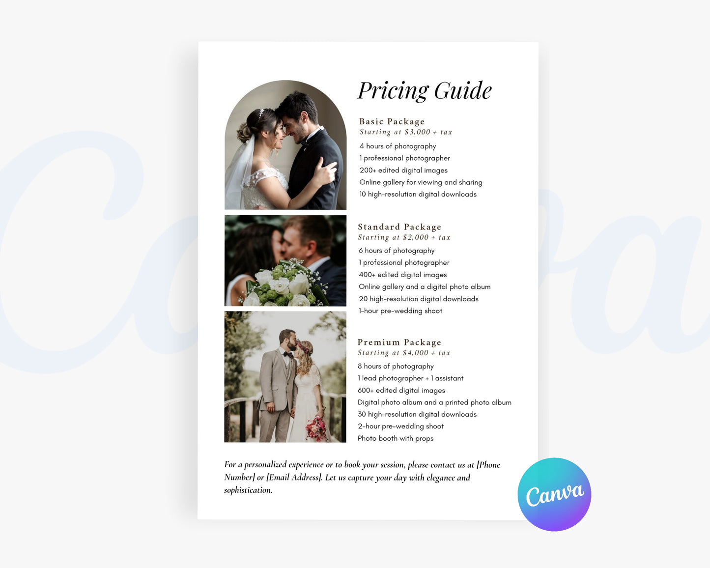 Photography Pricing Guide, Wedding Photography Price List, Edit in Canva - PDP05