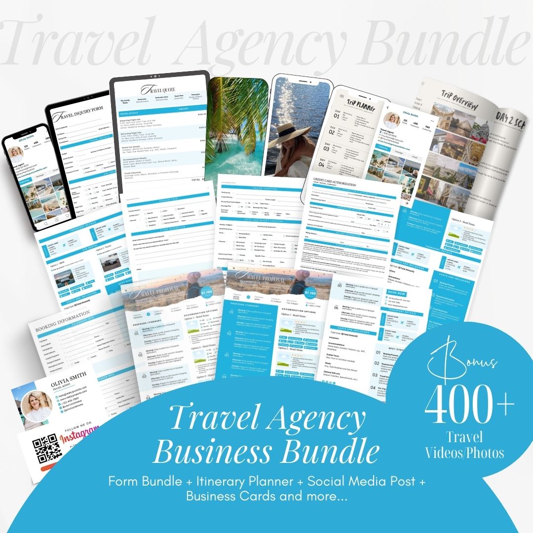 Travel Agency Bundle, Intake Booking Forms, Itinerary Templates, Mobile Itinerary, Traveling Guide, Business Cards, Editable Canva Templates