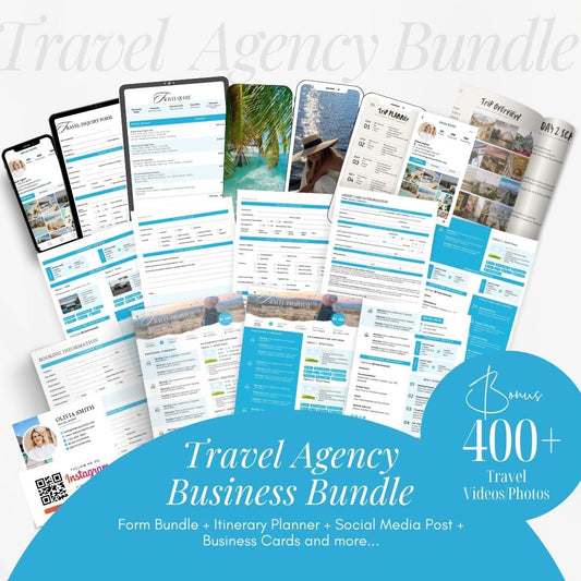 Travel Agency Bundle, Intake Booking Forms, Itinerary Templates, Mobile Itinerary, Traveling Guide, Business Cards, Editable Canva Templates