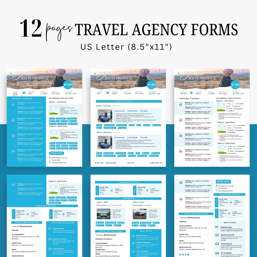 Travel Agency Bundle, Intake Booking Forms, Itinerary Templates, Mobile Itinerary, Traveling Guide, Business Cards, Editable Canva Templates