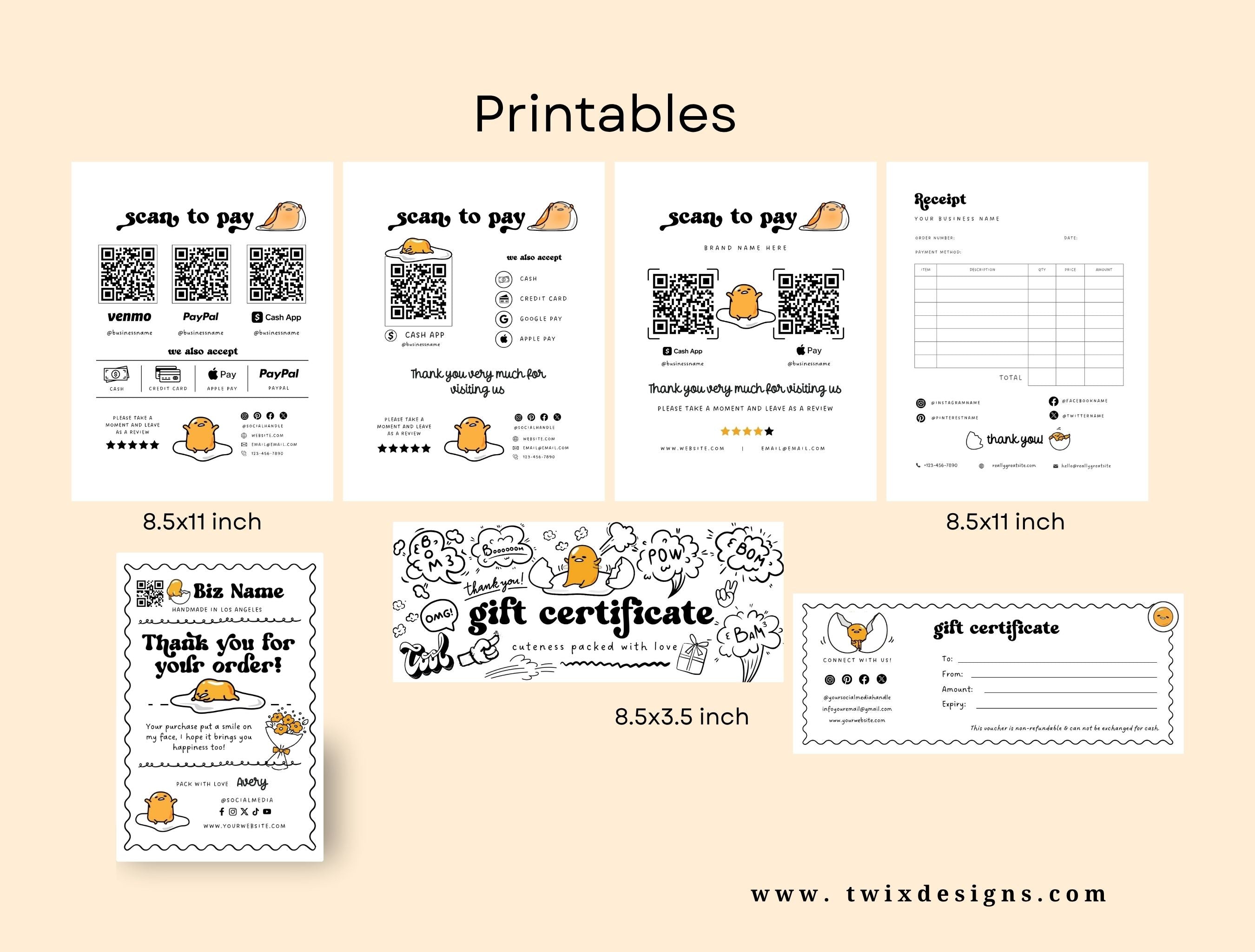Small Business Printable Canva Templates – Thank You & Loyalty Card, Gift Certificate, QR Code Payment Gudetama Playful Fun Theme