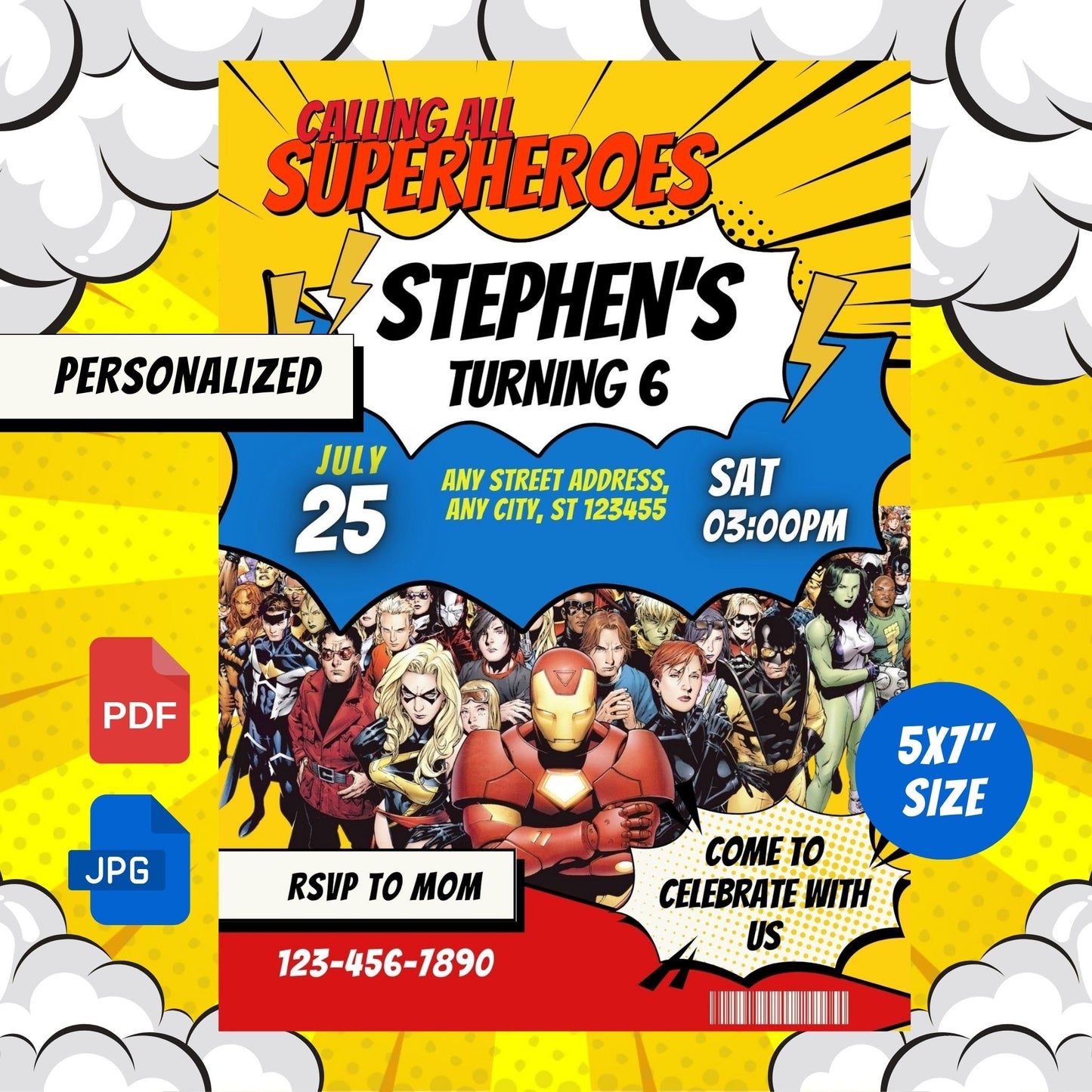 Superheroes Custom Birthday Invitation Comic Theme