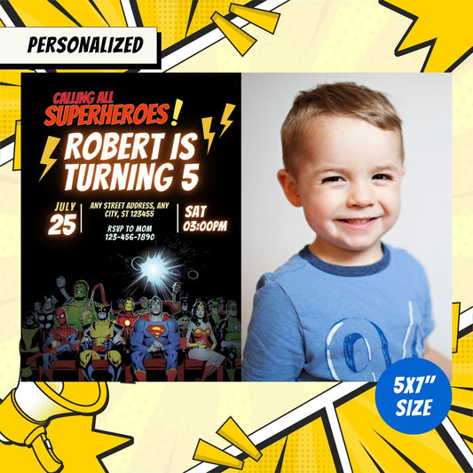 Superheroes Custom Birthday Invitation with Photo