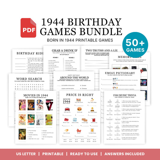 1944 Birthday Games, Born in 1944 Games, 81st Birthday Party Games, Printable Birthday Bundle