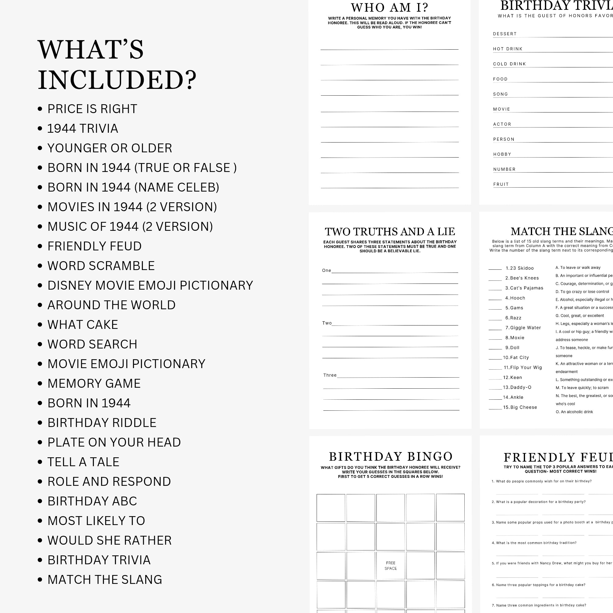 1952 Birthday Games, Born in 1952 Games, 73rd Birthday Party Games, Printable Birthday Bundle