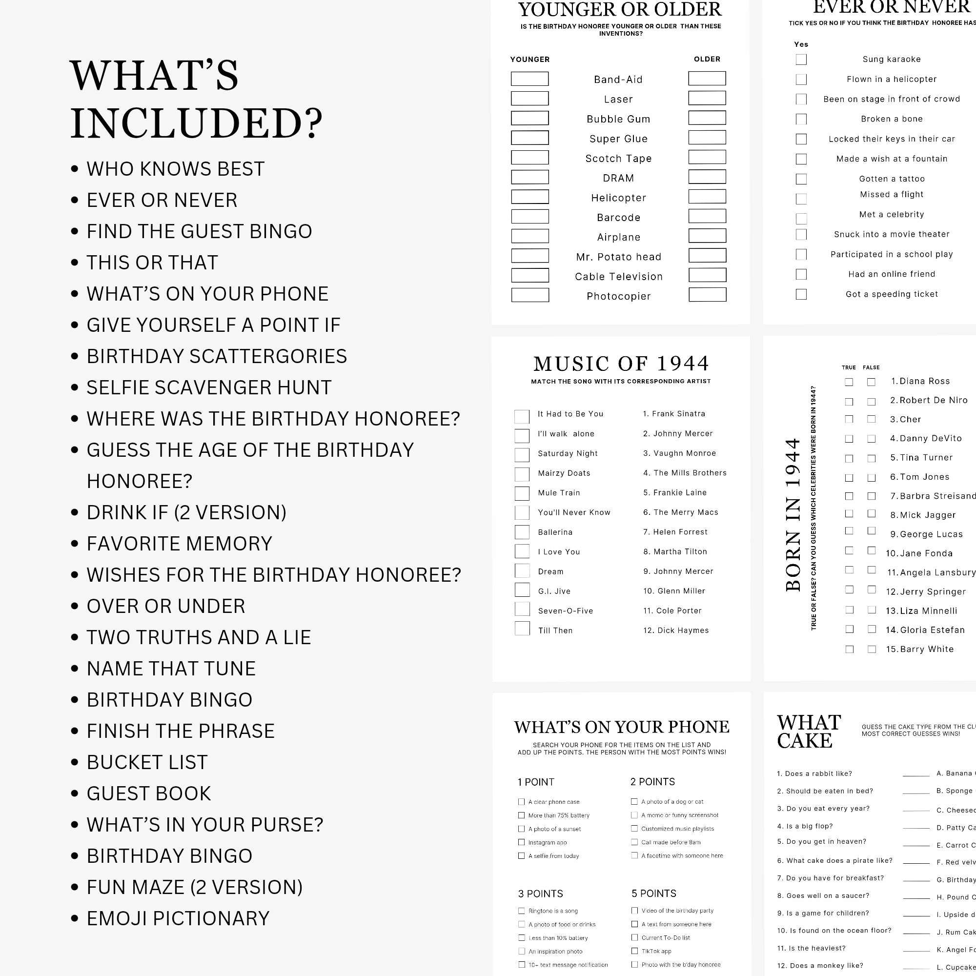 1952 Birthday Games, Born in 1952 Games, 73rd Birthday Party Games, Printable Birthday Bundle