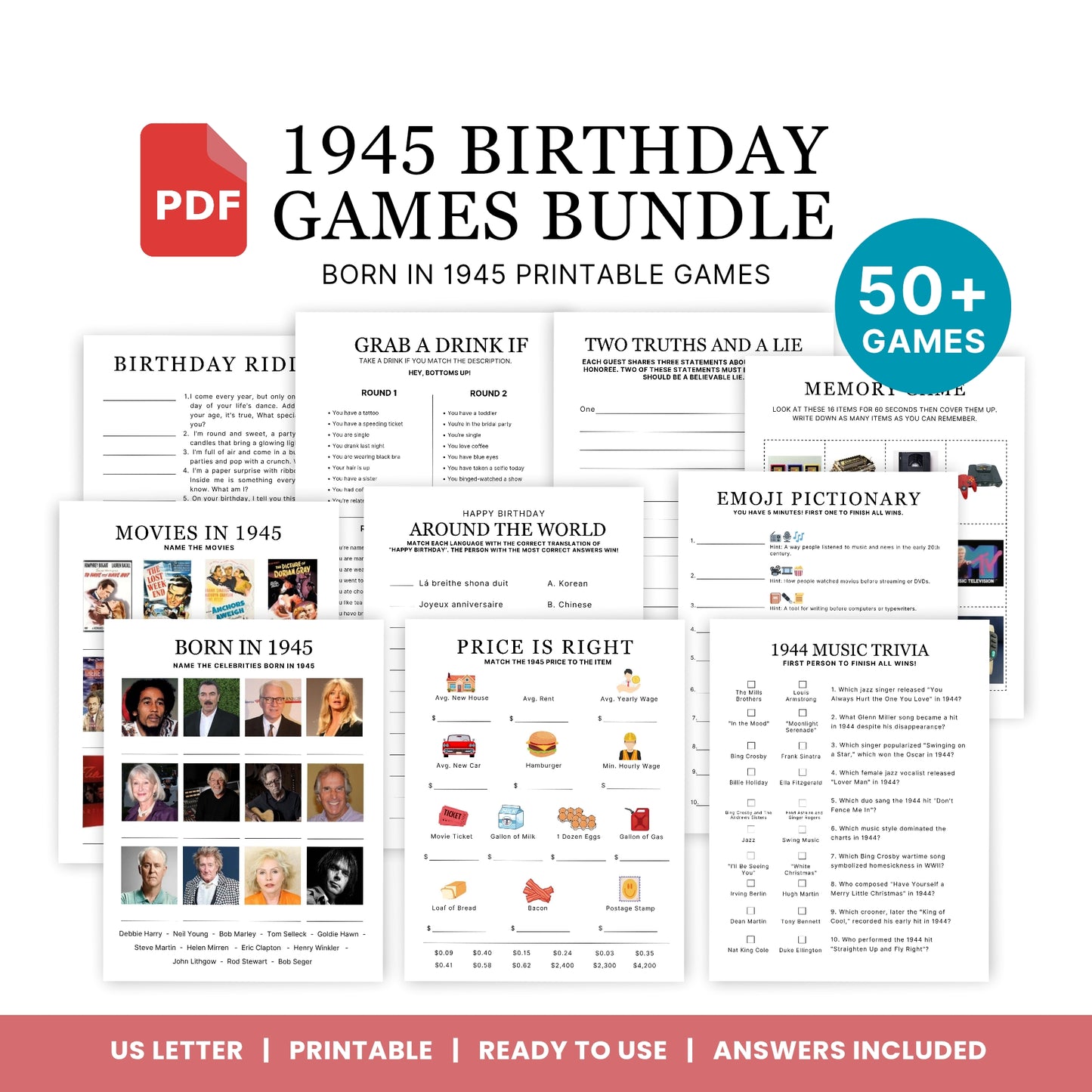 1945 Birthday Games, Born in 1945 Games, 80th Birthday Party Games, Printable Birthday Bundle