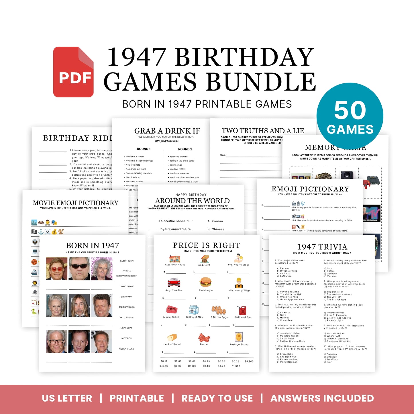 1947 Birthday Games, Born in 1947 Games, 78th Birthday Party Games, Printable Birthday Bundle