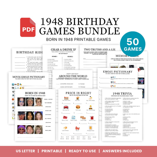 1948 Birthday Games, Born in 1948 Games, 77th Birthday Party Games, Printable Birthday Bundle