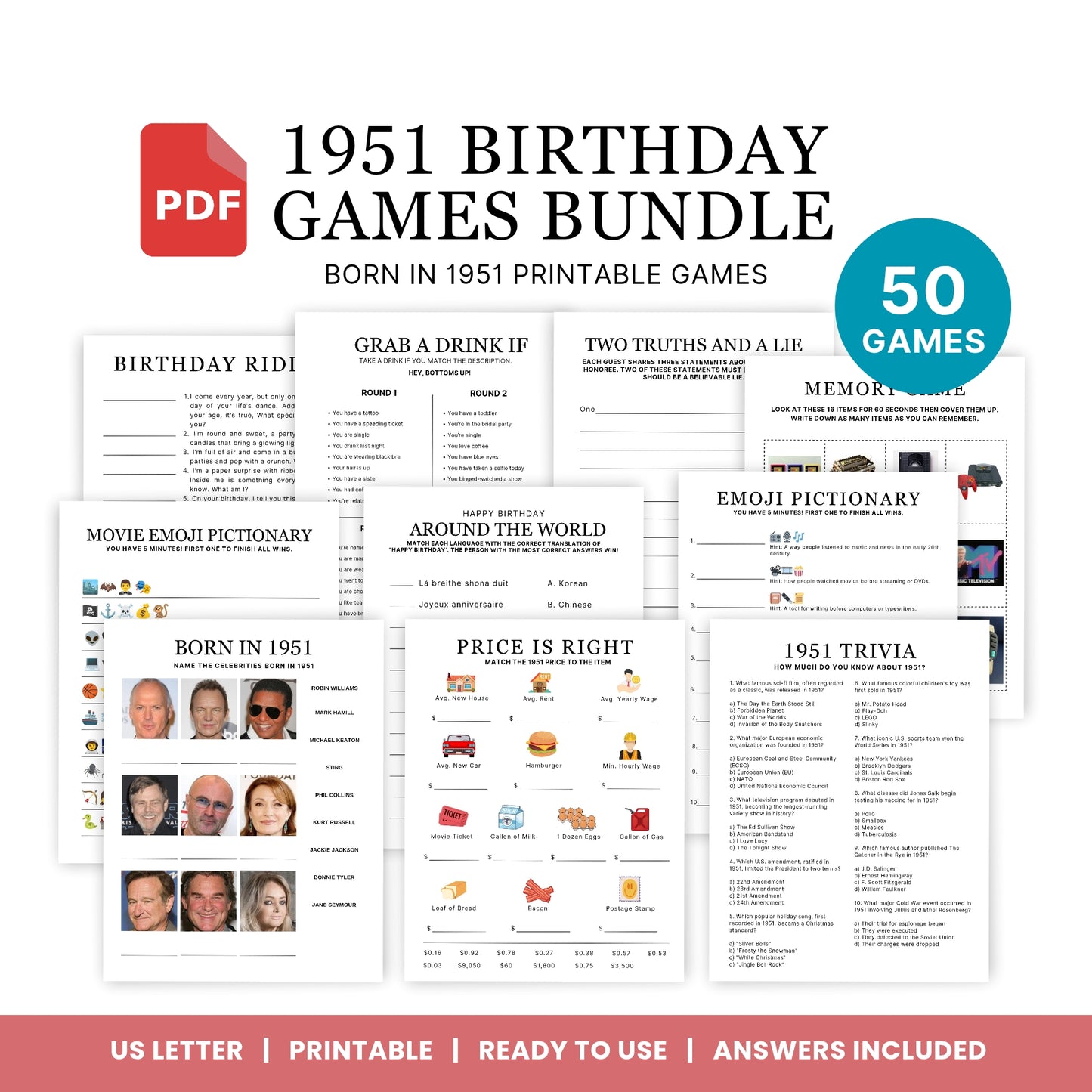 1951 Birthday Games, Born in 1951 Games, 74th Birthday Party Games, Printable Birthday Bundle