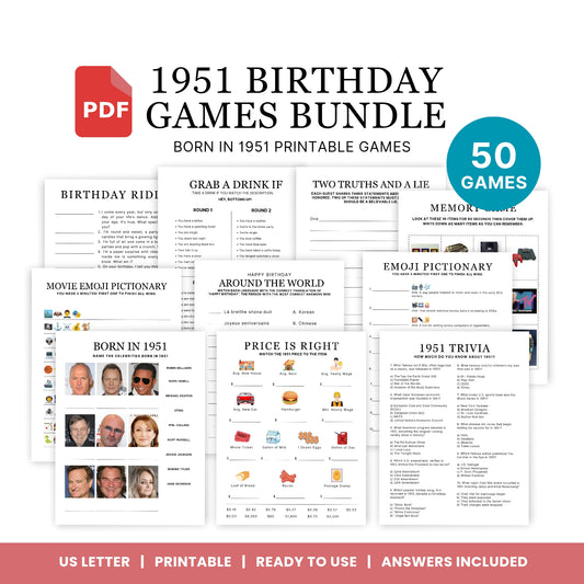 1951 Birthday Games, Born in 1951 Games, 74th Birthday Party Games, Printable Birthday Bundle