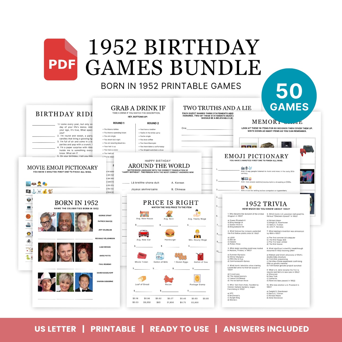 1952 Birthday Games, Born in 1952 Games, 73rd Birthday Party Games, Printable Birthday Bundle