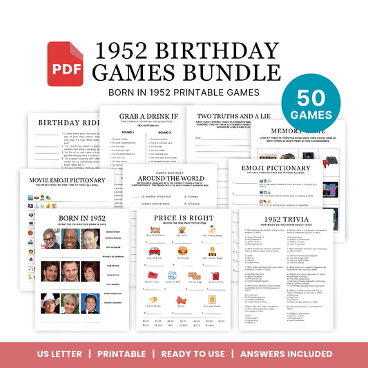 1952 Birthday Games, Born in 1952 Games, 73rd Birthday Party Games, Printable Birthday Bundle