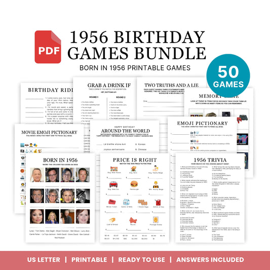 1956 Birthday Games, Born in 1956 Games, 69th Birthday Party Games, Printable Birthday Bundle