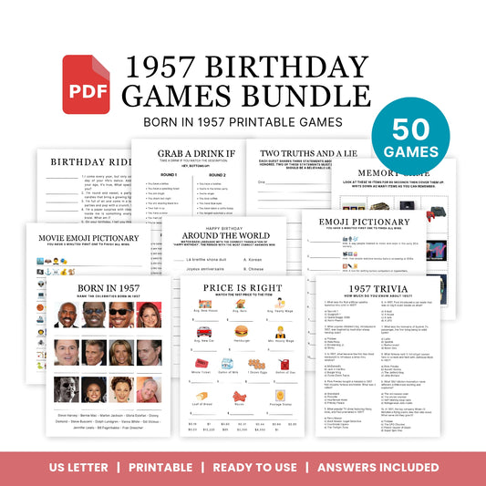 1957 Birthday Games, Born in 1957 Games, 68th Birthday Party Games, Printable Birthday Bundle