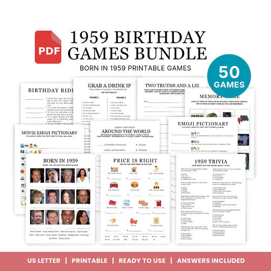 1959 Birthday Games, Born in 1959 Games, 66th Birthday Party Games, Printable Birthday Bundle