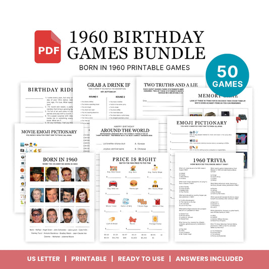 1960 Birthday Games, Born in 1960 Games, 65th Birthday Party Games, Printable Birthday Bundle