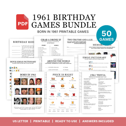 1961 Birthday Games, Born in 1961 Games, 64th Birthday Party Games, Printable Birthday Bundle