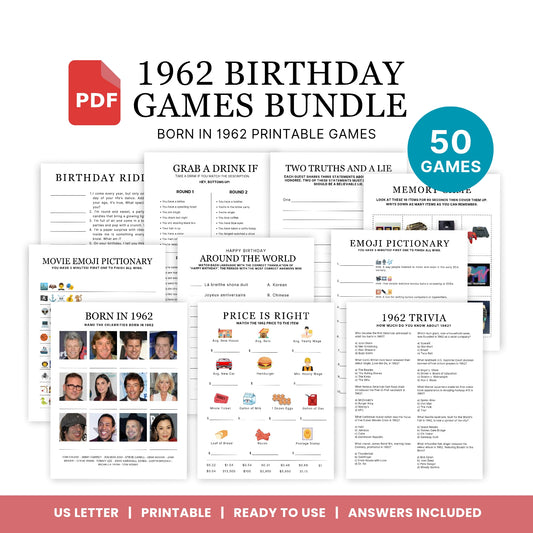 1962 Birthday Games, Born in 1962 Games, 63rd Birthday Party Games, Printable Birthday Bundle