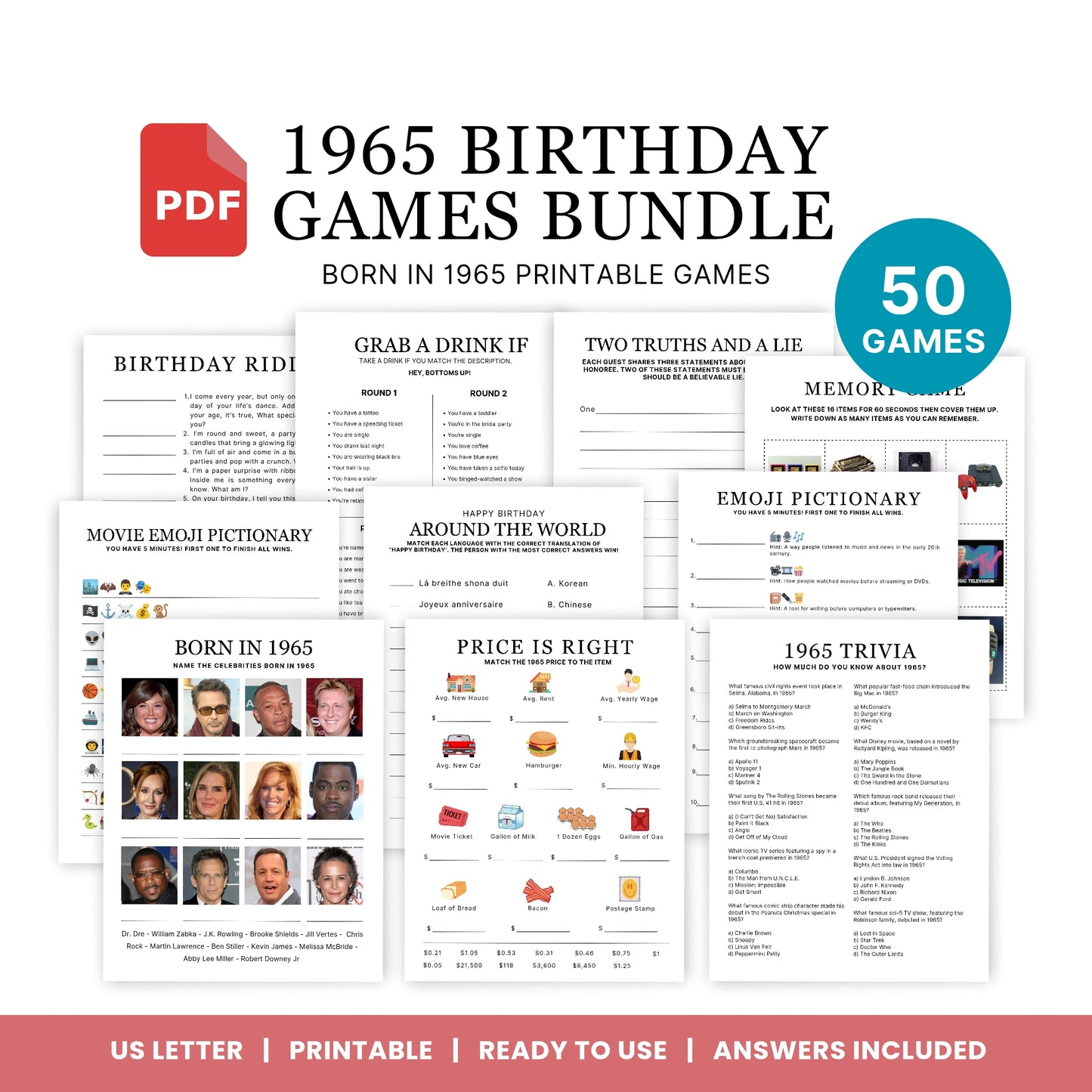 1965 Birthday Games, Born in 1965 Games, 60th Birthday Party Games, Printable Birthday Bundle