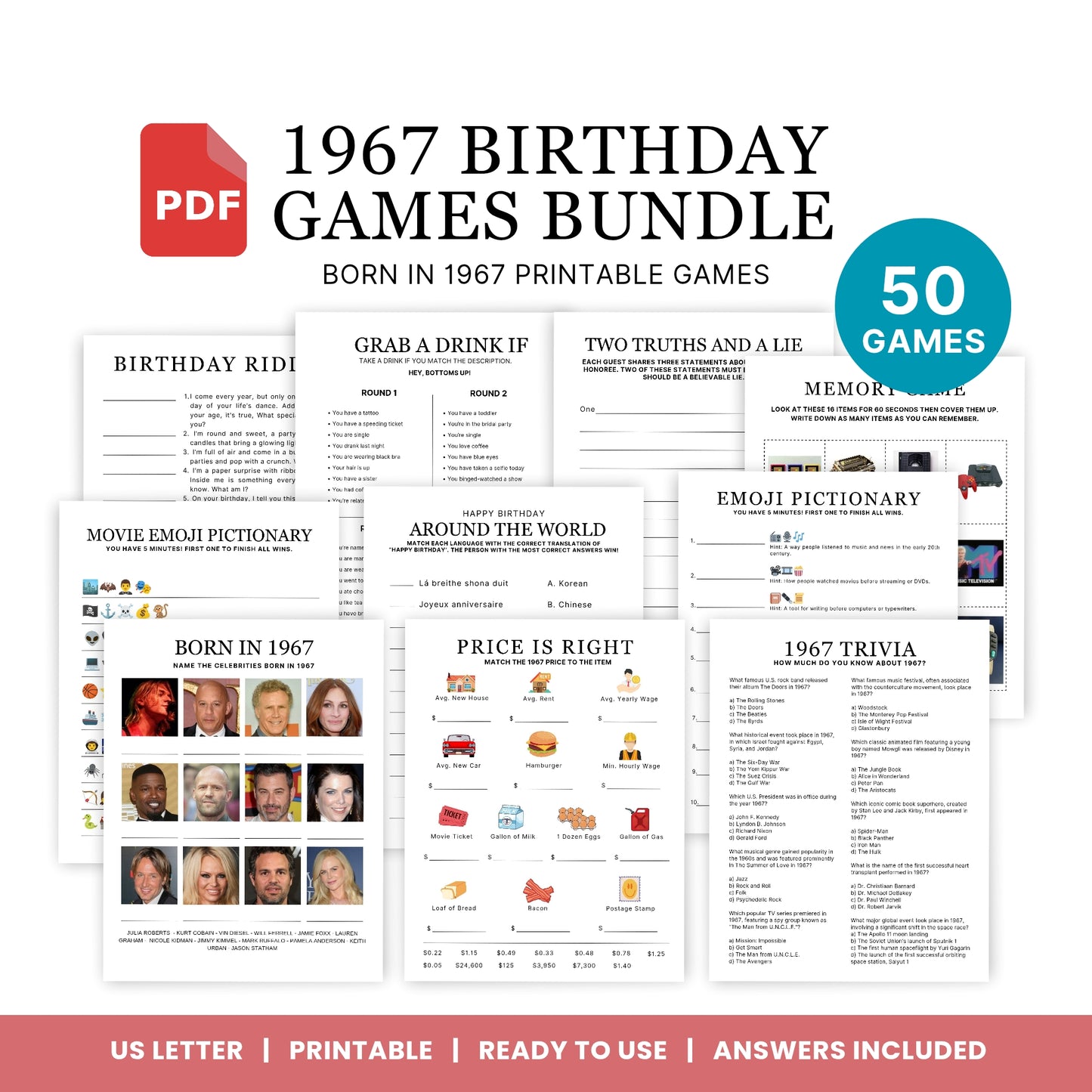 1967 Birthday Games, Born in 1967 Games, 58th Birthday Party Games, Printable Birthday Bundle