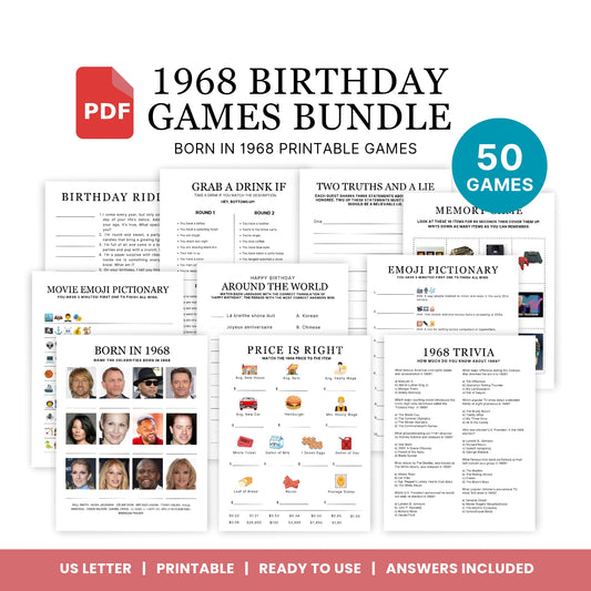 1968 Birthday Games, Born in 1968 Games, 57th Birthday Party Games, Printable Birthday Bundle