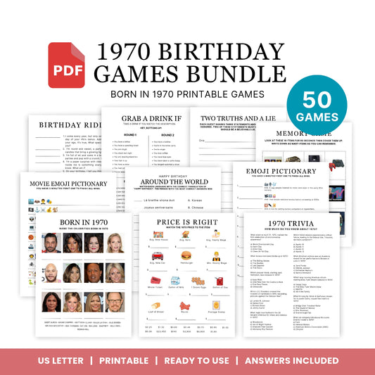 1970 Birthday Games, Born in 1970 Games, 55th Birthday Party Games, Printable Birthday Bundle