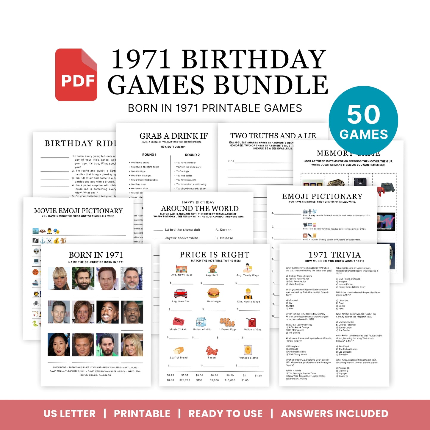 1971 Birthday Games, Born in 1971 Games, 54th Birthday Party Games, Printable Birthday Bundle